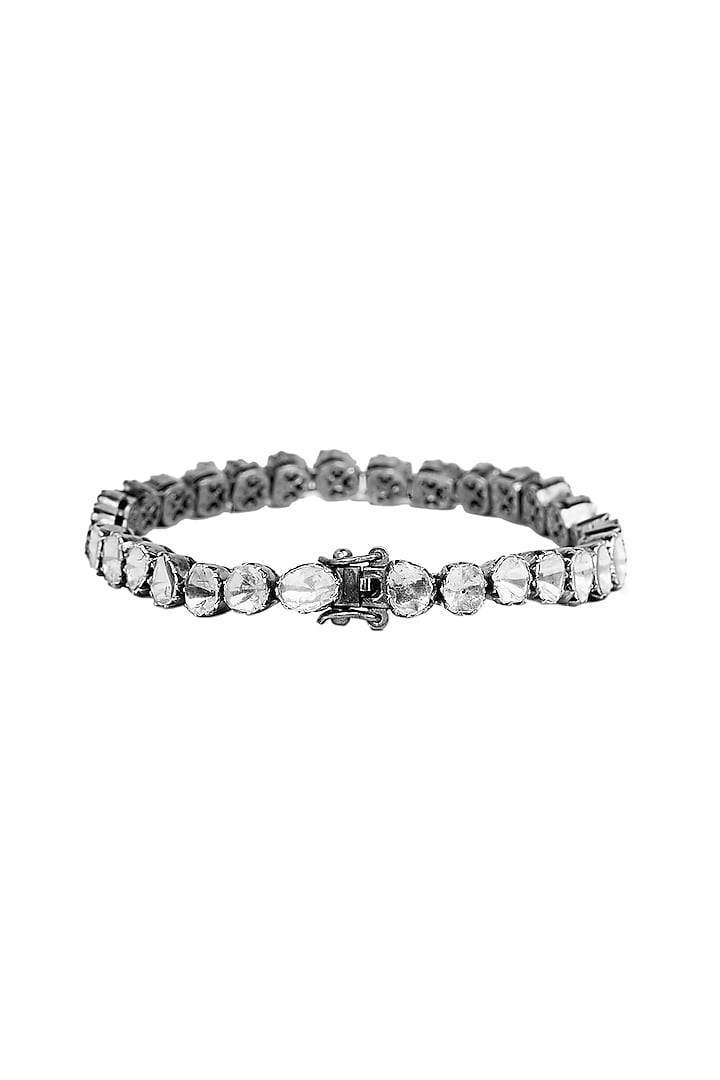 Black Rhodium Finish Polki And Uncut Diamond Bracelet In Sterling Silver