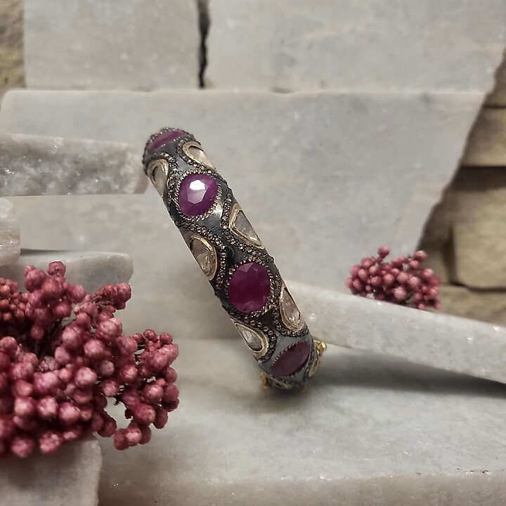 Two-Tone Finish Ruby & Uncut Diamond Bangle In Sterling Silver by The Alchemy Studio at Pernia's Pop Up Shop