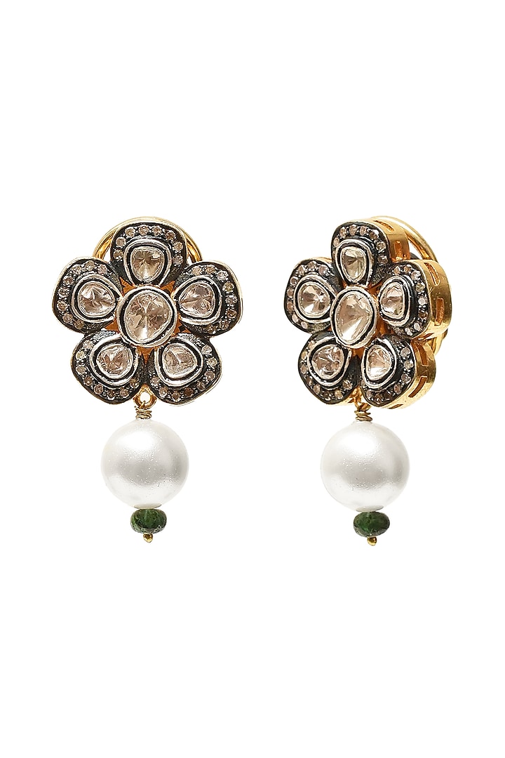 Two-Tone Finish Uncut Diamond & Pearl Dangler Earrings In Sterling Silver by The Alchemy Studio