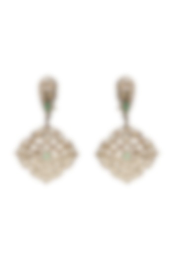 Silver Finish Emerald & Uncut Diamond Dangler Earrings In Sterling Silver by The Alchemy Studio