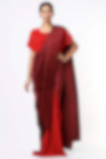 Red & Wine Pleated Polyester Gown Saree by Tasuvure Indes