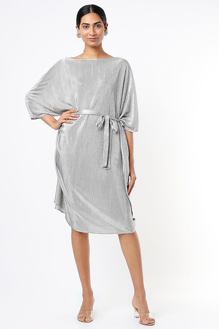Metallic Grey Pleated Polyester Dress With Belt by Tasuvure