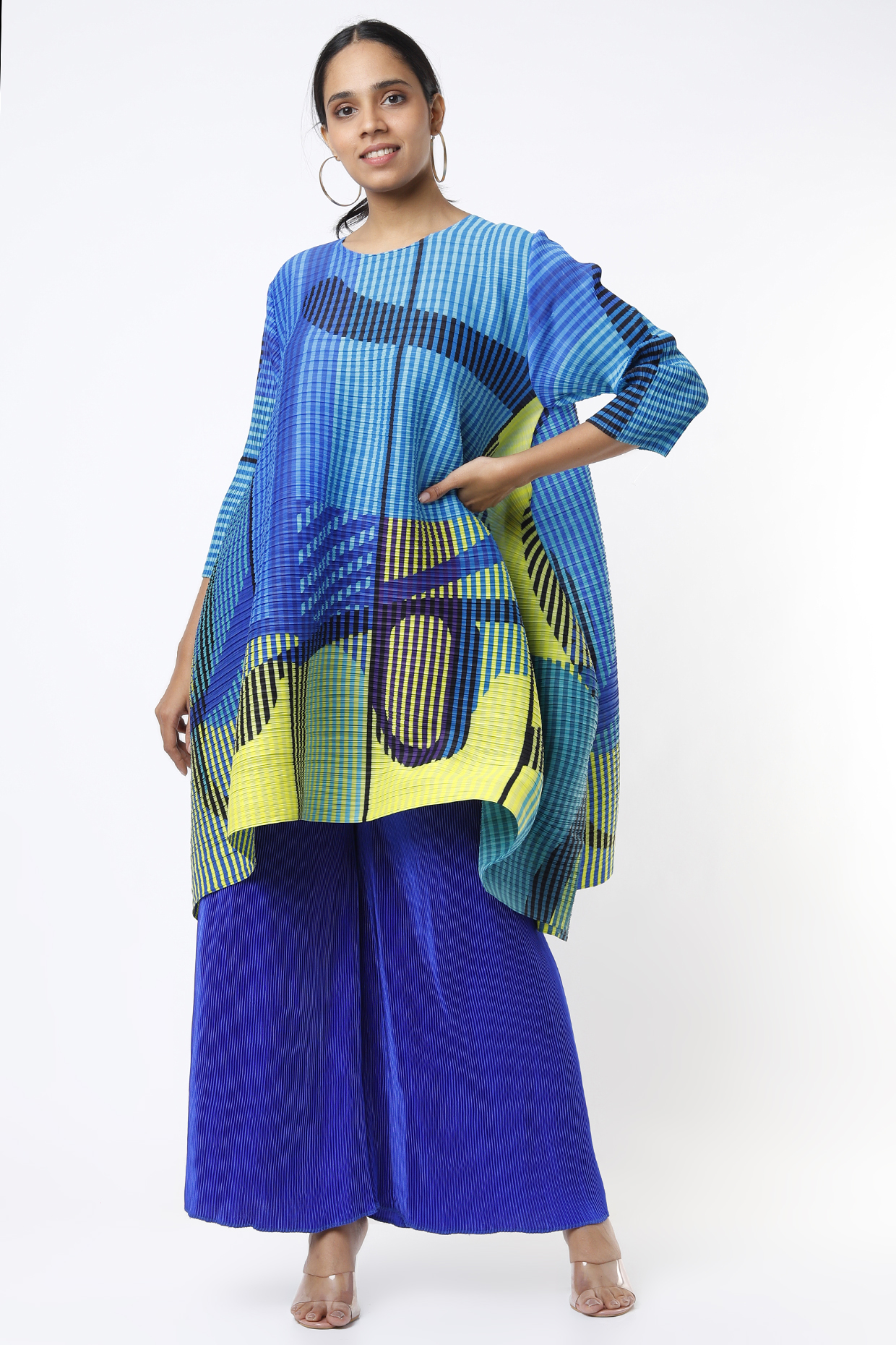 Cobalt Blue Pleated Polyester Tunic Set by Tasuvure Indes at Pernia's Pop Up Shop