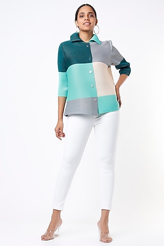 Teal & Beige Color Blocked Shirt by Tasuvure