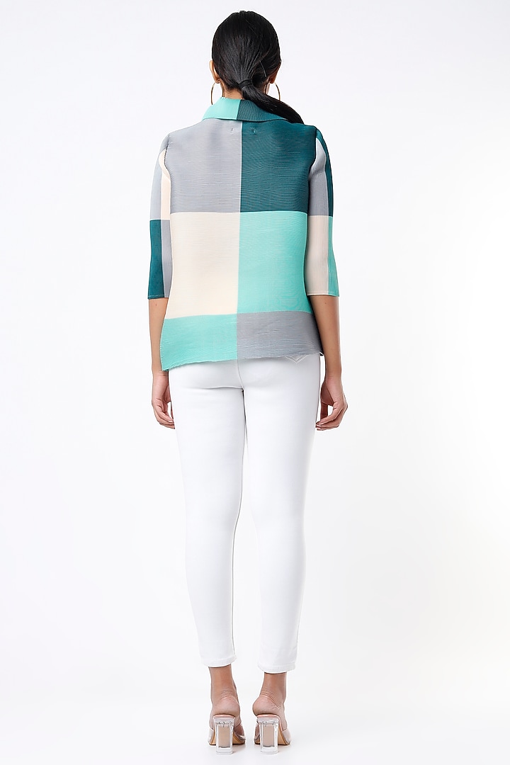 Teal & Beige Color Blocked Shirt by Tasuvure at Pernia's Pop Up Shop