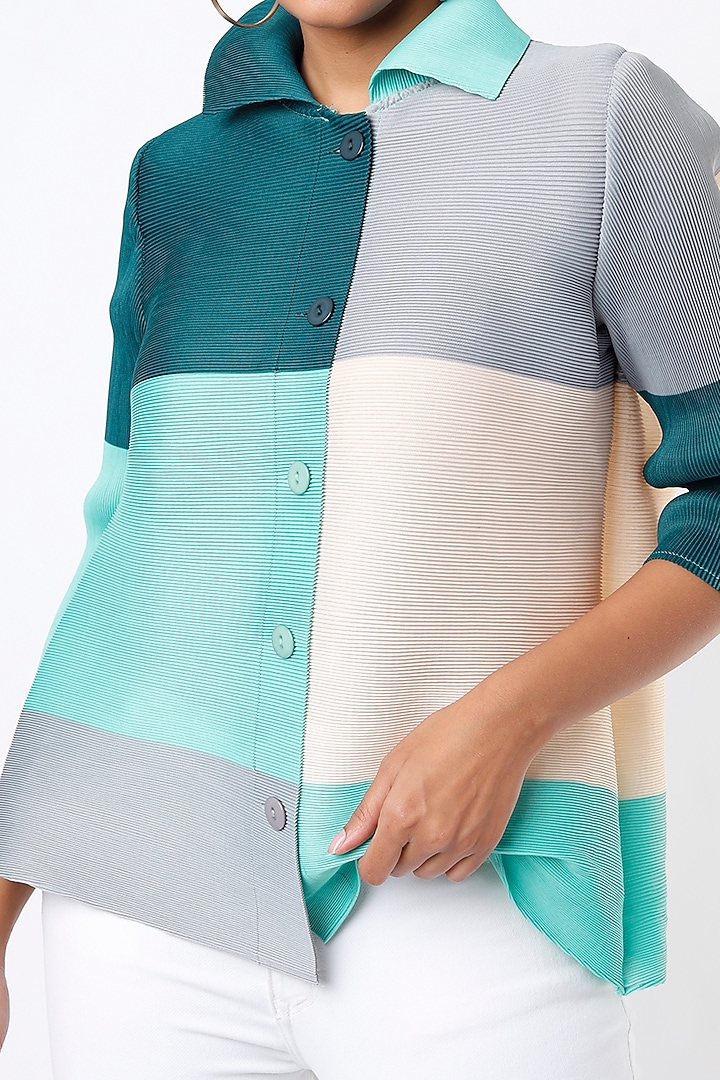 Teal & Beige Color Blocked Shirt by Tasuvure at Pernia's Pop Up Shop