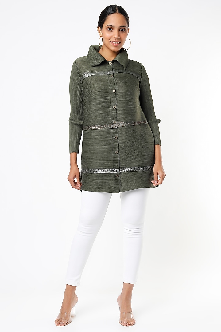 Olive Pleated Polyester Shirt by Tasuvure at Pernia's Pop Up Shop