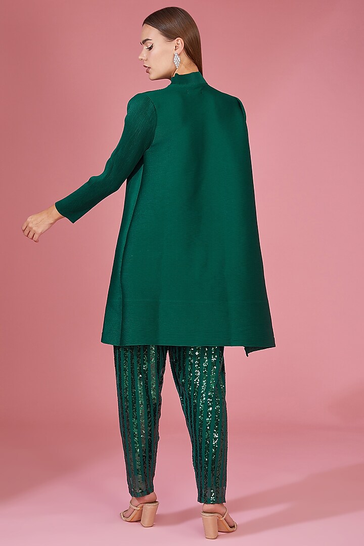 Green Pleated Polyester Bandhgala Tunic Set by Tasuvure Indes at Pernia's Pop Up Shop