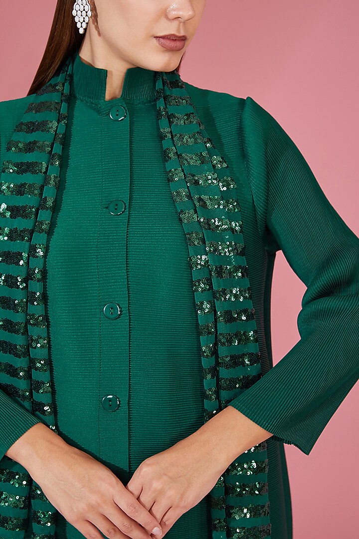 Green Pleated Polyester Bandhgala Tunic Set by Tasuvure Indes at Pernia's Pop Up Shop