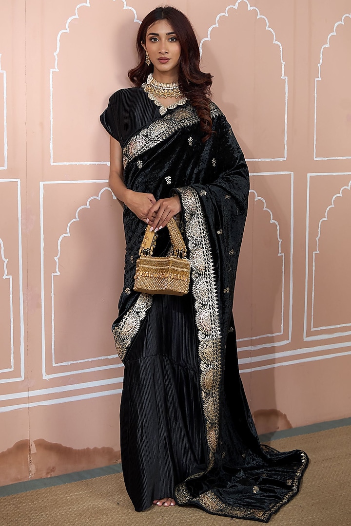 Black Velvet Pre-Stitched Gown Saree by Tasuvure at Pernia's Pop Up Shop