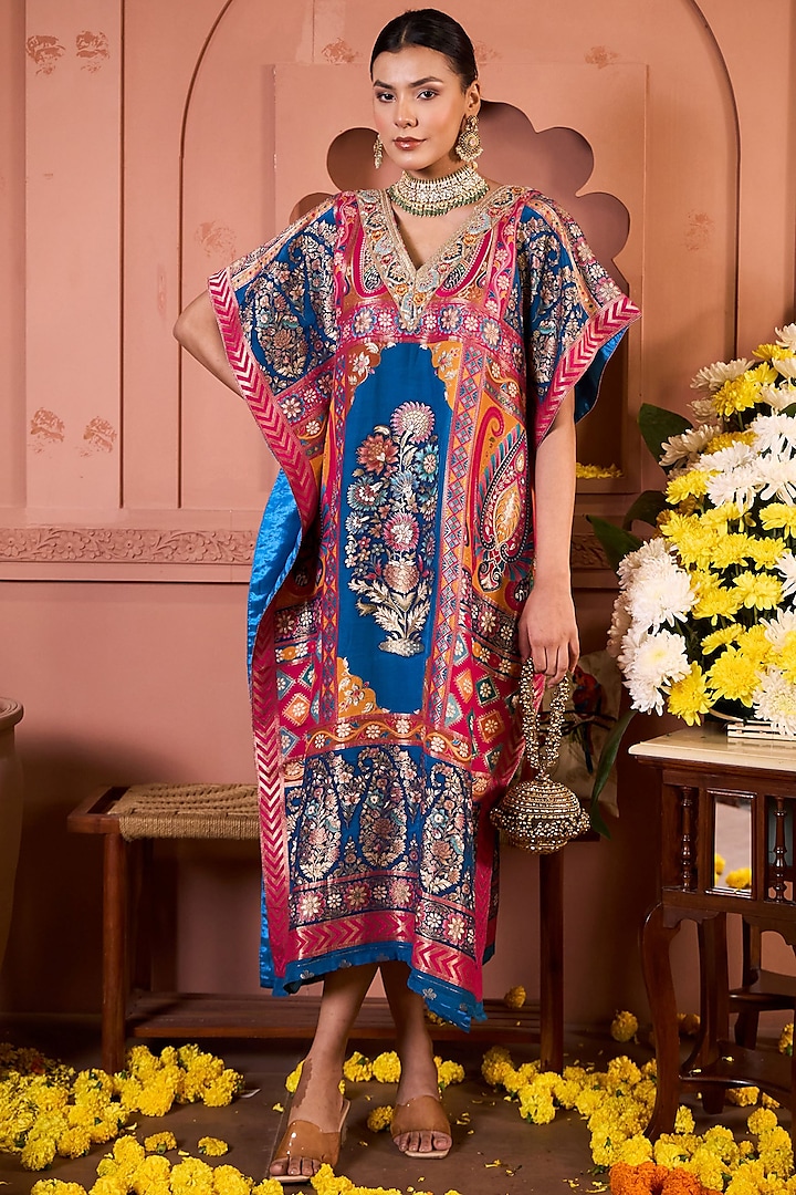 Blue Brocade Embroidered Banarasi Kaftan by Tasuvure at Pernia's Pop Up Shop