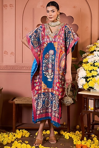 Blue Brocade Embroidered Banarasi Kaftan by Tasuvure