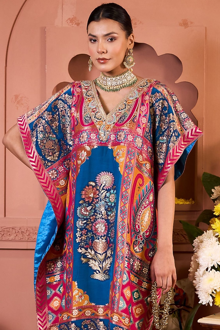 Blue Brocade Embroidered Banarasi Kaftan by Tasuvure at Pernia's Pop Up Shop