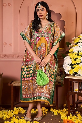 Yellow Brocade Embroidered Banarasi Kaftan by Tasuvure