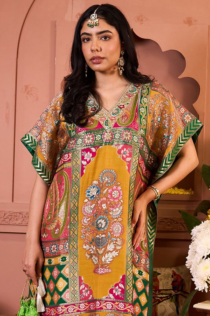 Yellow Brocade Embroidered Banarasi Kaftan by Tasuvure at Pernia's Pop Up Shop