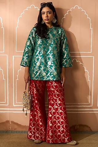 Green Brocade Silk Tunic Set by Tasuvure
