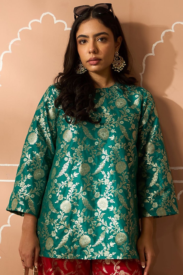 Green Brocade Silk Tunic Set by Tasuvure at Pernia's Pop Up Shop
