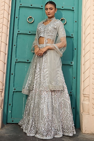Silver Net Embroidered Lehenga Set by Tasuvure