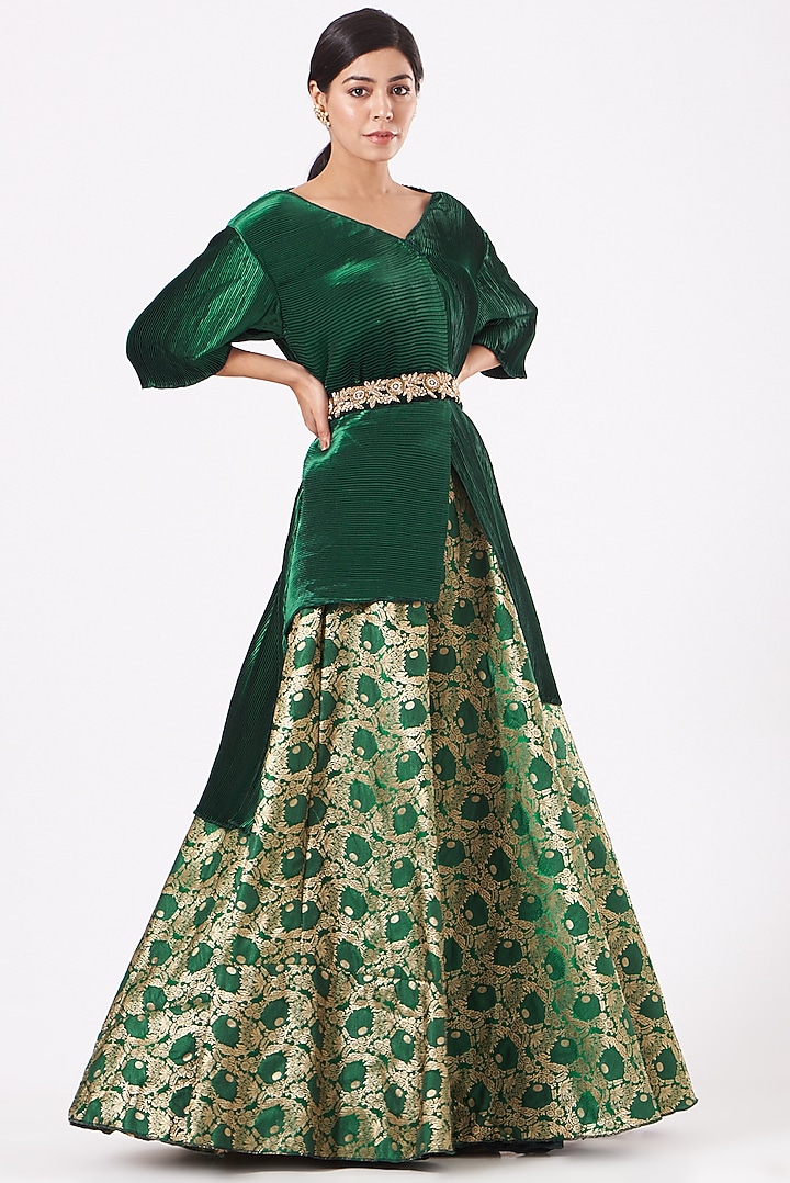 Forest Green & Gold Brocade Skirt Set by Tasuvure Indes at Pernia's Pop Up Shop