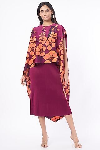 Purple Dress With Floral Cape by Tasuvure