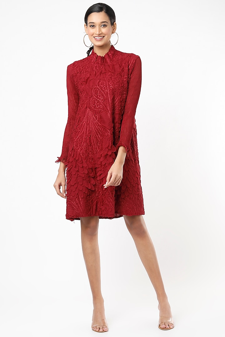 Red Embroidered Mini Dress by Tasuvure