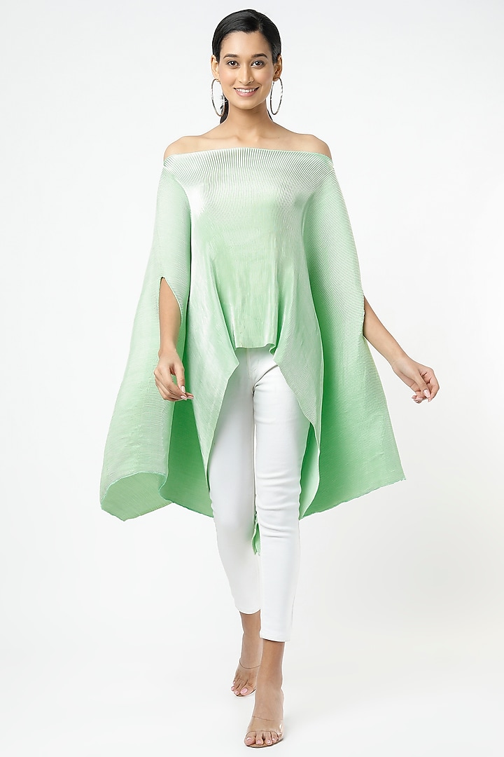 Mint Green Pleated Fabric Cape by Tasuvure