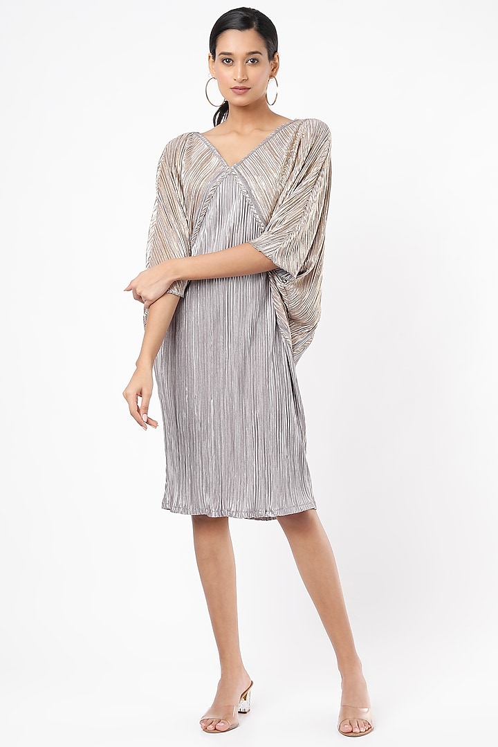 Grey & Gold Pleated Fabric Dress by Tasuvure