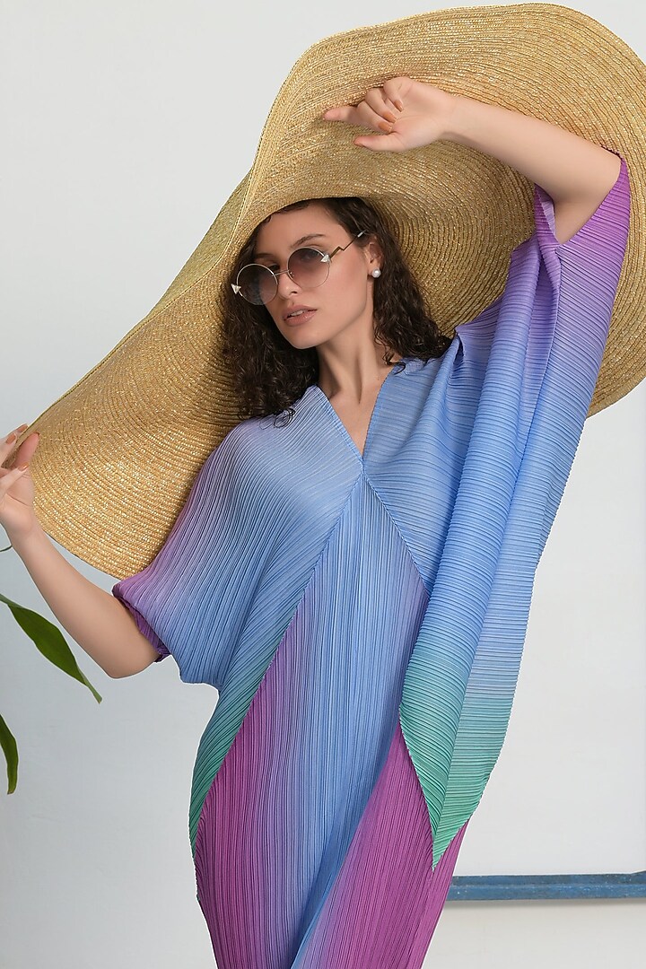 Purple Pleated Polyester Kimono Kitsch Gradient Summer Dress by Tasuvure at Pernia's Pop Up Shop