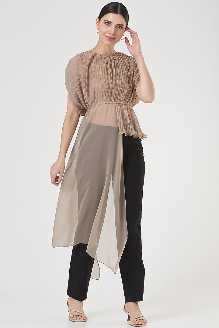 Beige Pleated Fabric Top by Tasuvure at Pernia's Pop Up Shop