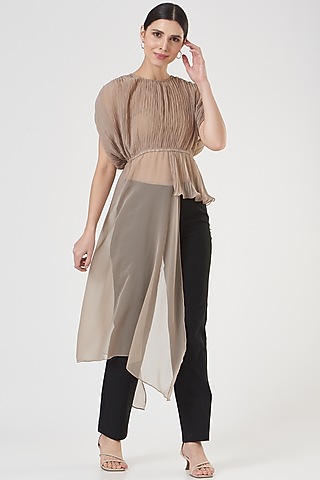 Beige Pleated Fabric Top by Tasuvure