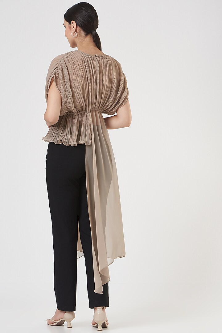 Beige Pleated Fabric Top by Tasuvure at Pernia's Pop Up Shop