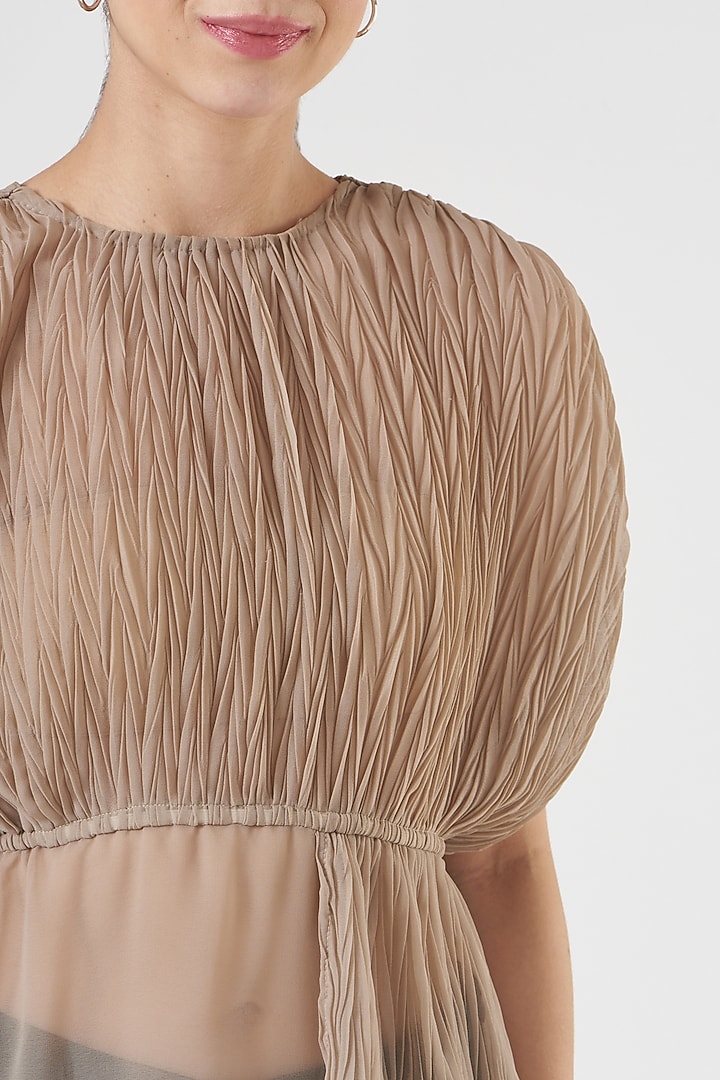 Beige Pleated Fabric Top by Tasuvure at Pernia's Pop Up Shop