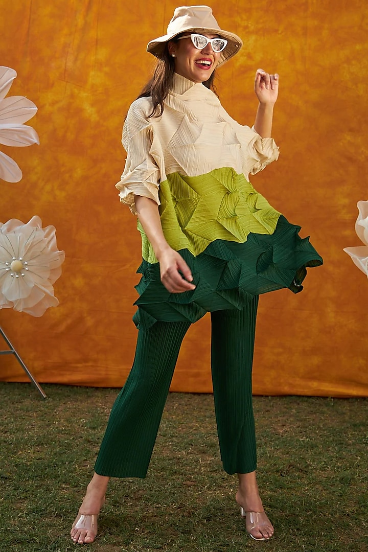 Green Pleated Polyester Co-Ord Set by Tasuvure at Pernia's Pop Up Shop