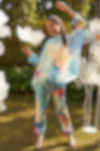 Electric Blue Satin Printed Co-Ord Set by Tasuvure at Pernia's Pop Up Shop