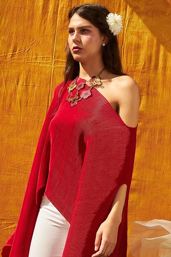 Red Polyester Cape by Tasuvure at Pernia's Pop Up Shop