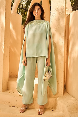 Powder Blue Sandwash Satin & Satin Silk Sequins Embroidered Co-Ord Set by Tasuvure