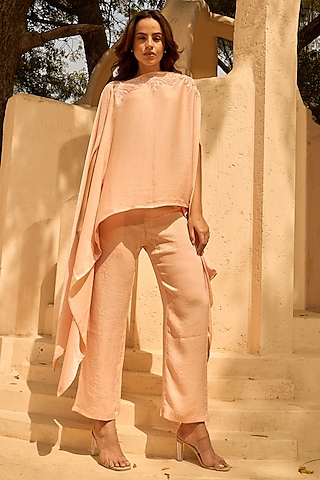 Blush Sandwash Satin & Satin Silk Sequins Embroidered Co-Ord Set by Tasuvure
