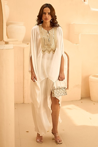 White Sandwash Satin Draped Skirt Set by Tasuvure