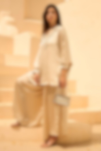 Nude Sandwash Satin Embroidered Kaftan Set by Tasuvure at Pernia's Pop Up Shop