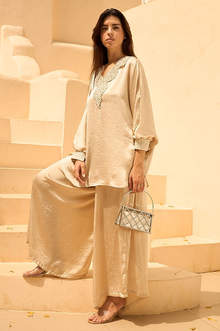 Nude Sandwash Satin Embroidered Kaftan Set by Tasuvure at Pernia's Pop Up Shop