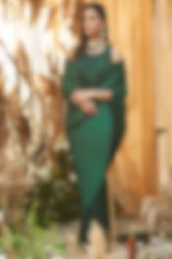 Emerald Green Satin Pleated Gown Saree by Tasuvure Indes