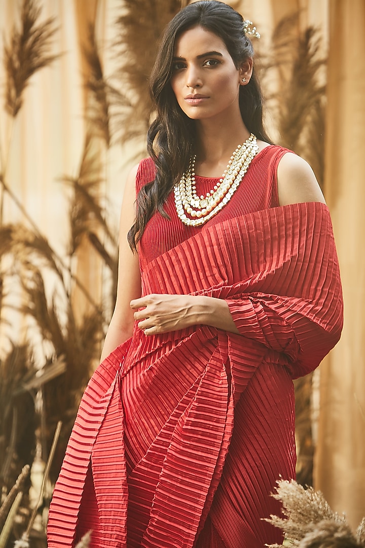 Red Satin Pleated Party Wear Gown Saree by Tasuvure Indes at Pernia's Pop Up Shop