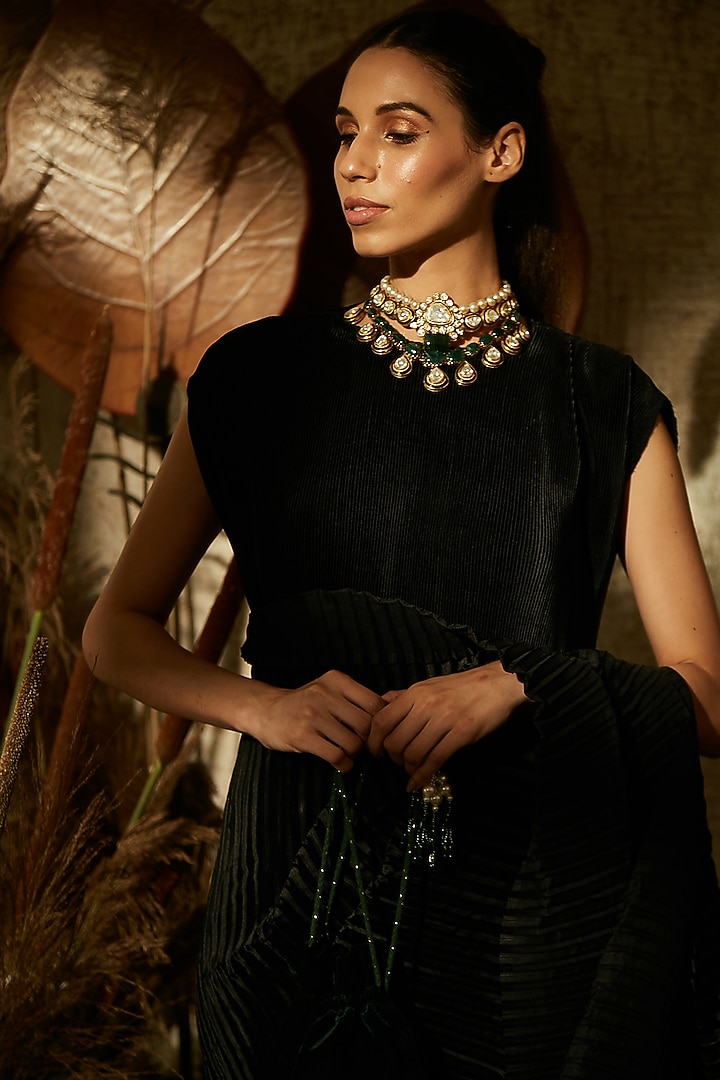 Black Pleated Party Wear Gown Saree by Tasuvure Indes at Pernia's Pop Up Shop
