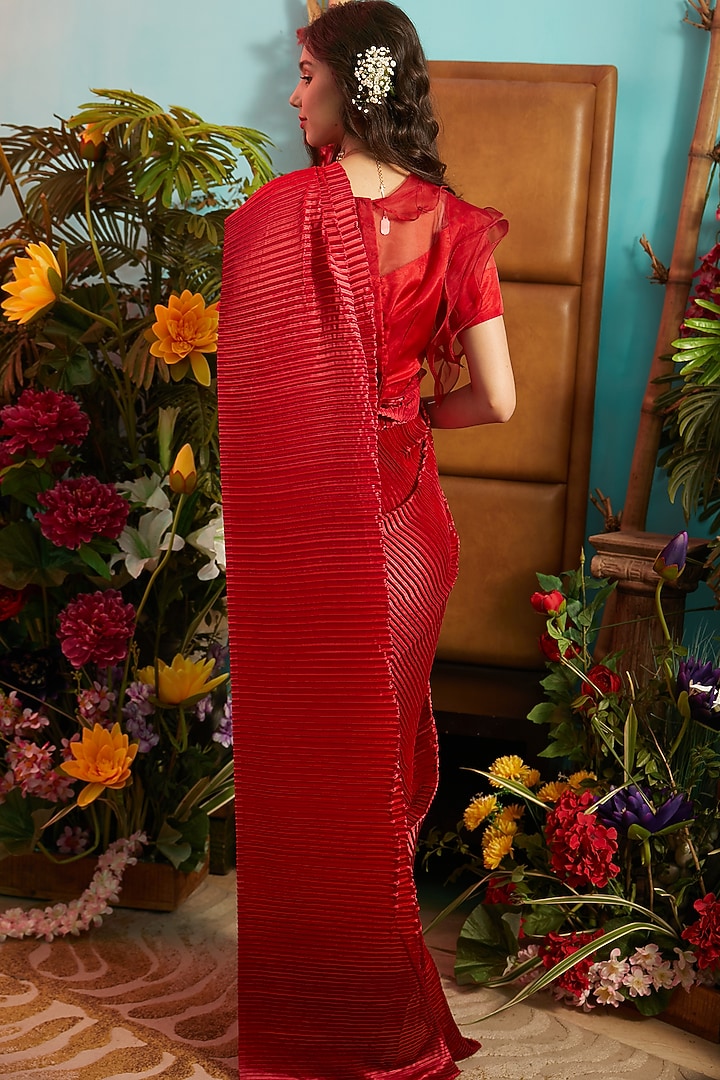Carmine Maroon Pleated Party Wear Gown Saree by Tasuvure Indes at Pernia's Pop Up Shop