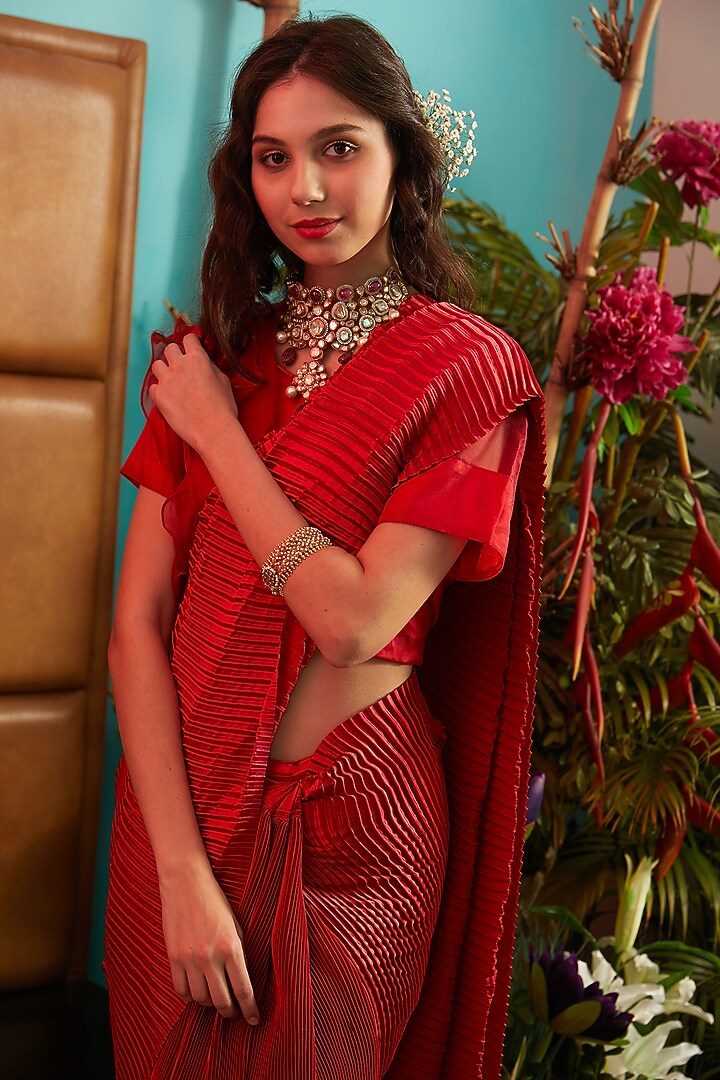 Carmine Maroon Pleated Party Wear Gown Saree by Tasuvure Indes at Pernia's Pop Up Shop
