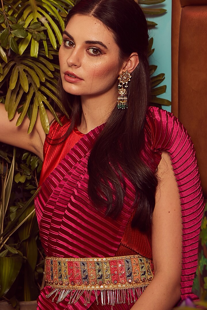 Red Color Blocked Satin Pleated Wedding Gown Saree With Belt by Tasuvure Indes at Pernia's Pop Up Shop