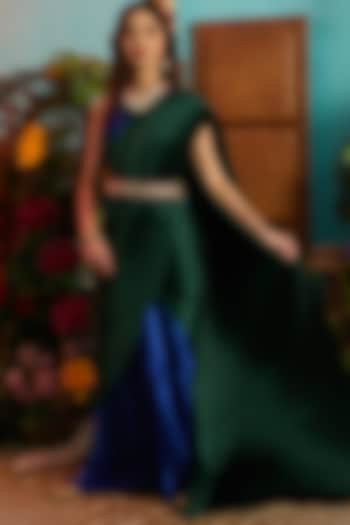 Blue & Green Colored Blocked Gown Saree by Tasuvure Indes