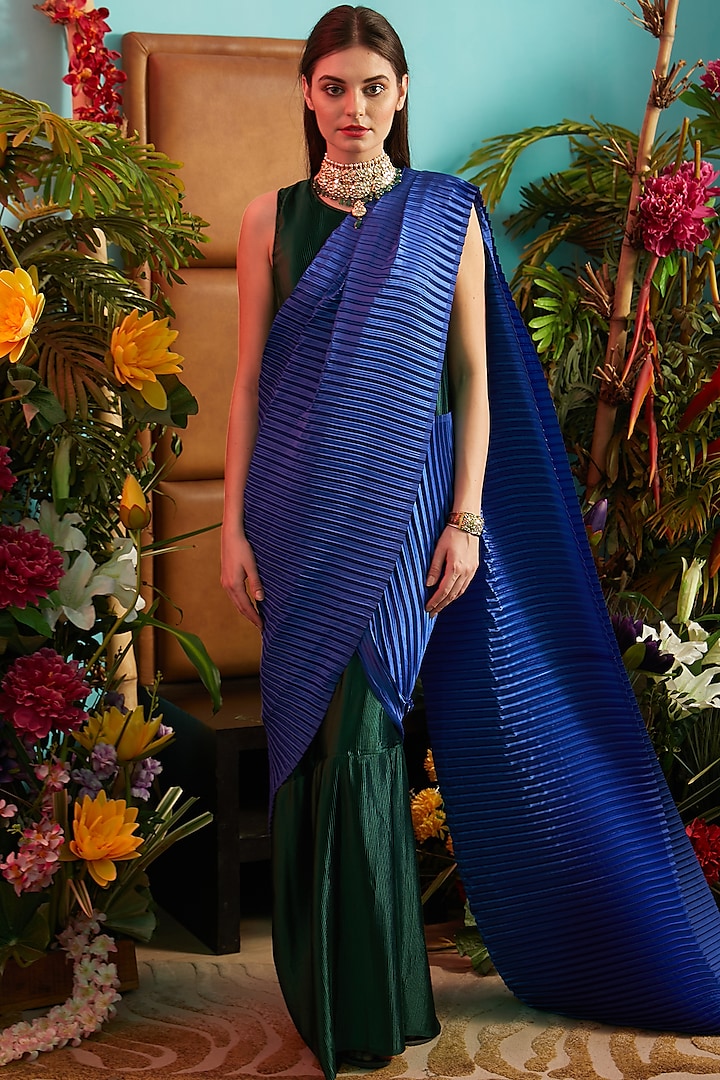 Green & Blue Satin Colored Blocked Gown Saree by Tasuvure Indes