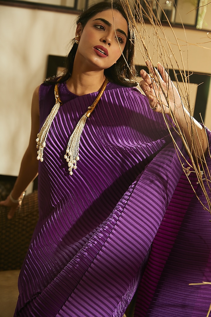 Purple Pleated Party Wear Gown Saree by Tasuvure Indes at Pernia's Pop Up Shop