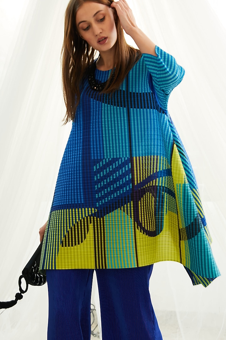 Blue Pleated Polyester Tunic Set by Tasuvure Indes at Pernia's Pop Up Shop